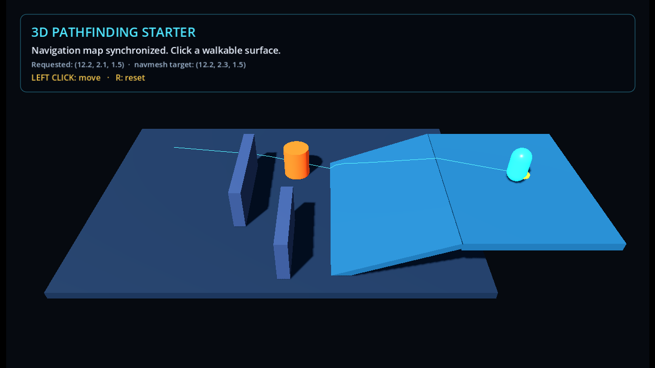 Godot 3D navigation starter with a cyan path crossing a ramp toward an upper platform and an orange moving obstacle below.
