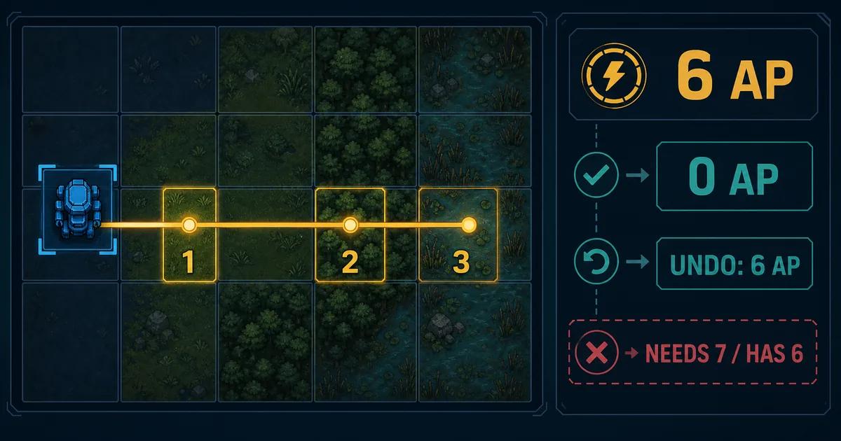 Top-down Godot tactical grid showing a 1 plus 2 plus 3 terrain-cost route, a 6 AP quote, confirmation at 0 AP, undo restoring 6 AP, and a rejected move that needs 7 AP when only 6 are available.