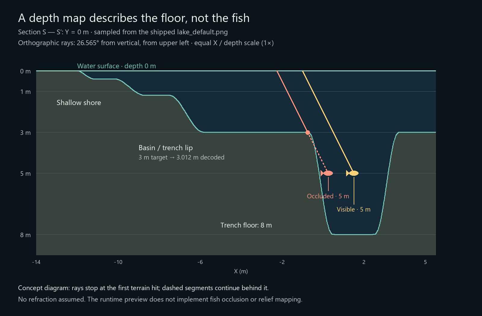 A section from the shallow shore to an eight-metre trench. Parallel viewing rays reach one fish at five metres and hit the terrain before reaching the other.