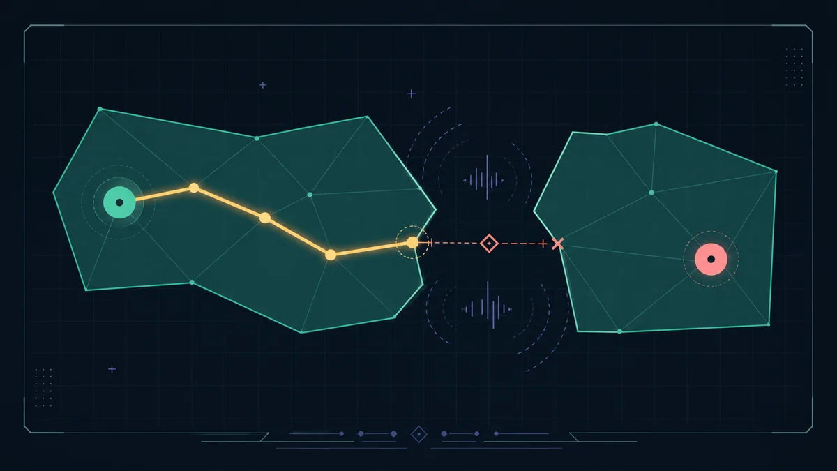 NavigationServer2D diagnostic illustration showing a path that stops at the edge of one navigation region before a disconnected target region.