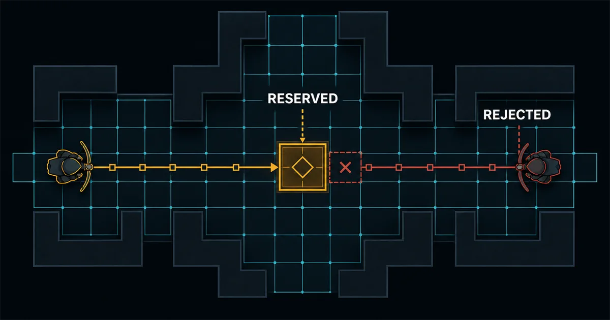 Two grid units approach the same junction: one claims the reserved tile while the other request is rejected.