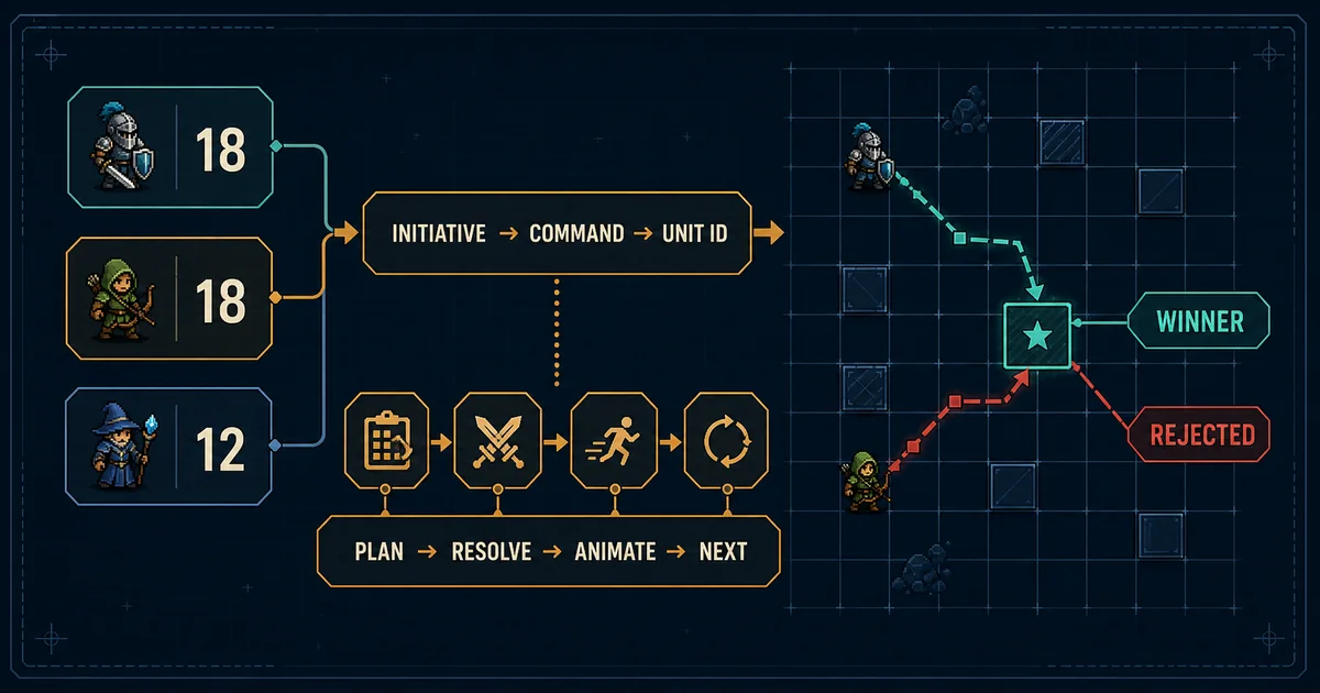 Tactical turn-planning diagram with three initiative cards, deterministic command and unit-id tie-breakers, a plan-resolve-animate phase rail, and two units contesting one destination with a winner and rejected result.