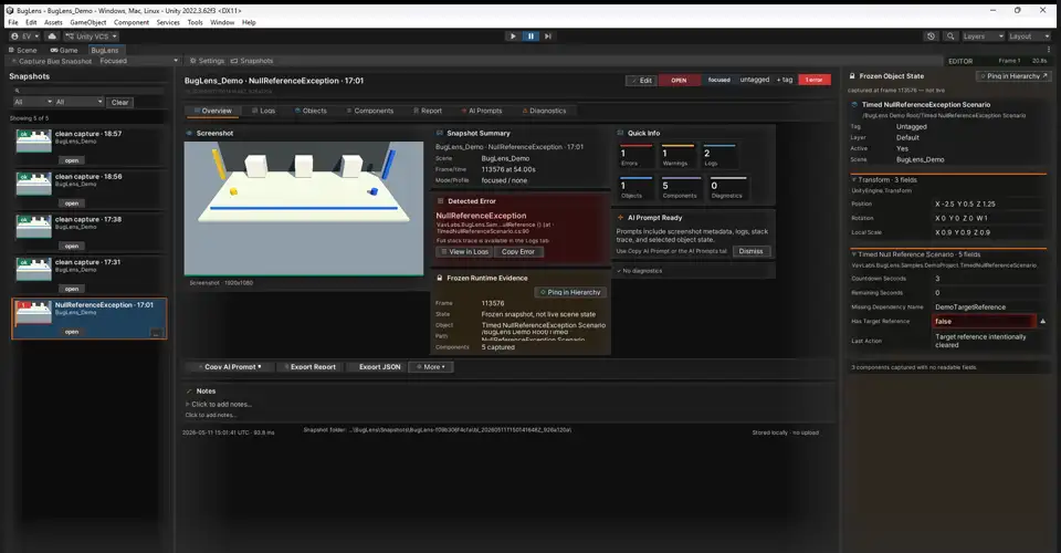 BugLens Browser in the Unity Editor: snapshot list on the left, detected error panel and AI prompts in the center, frozen GameObject state on the right.