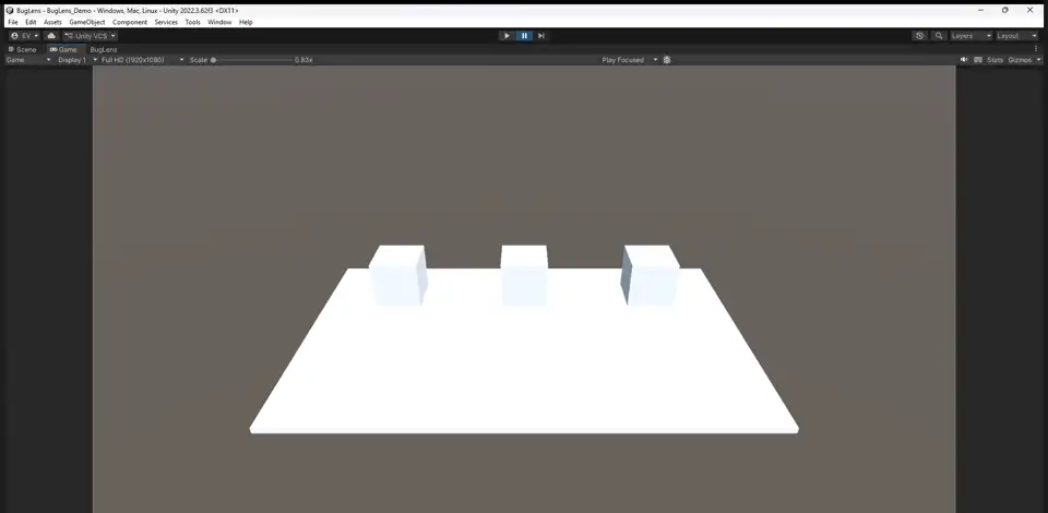Unity Editor in Play Mode with the BugLens capture shortcut triggered mid-bug.