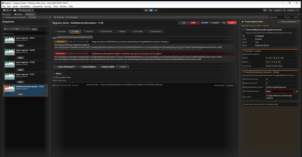 Snapshot Detail View showing recent console logs and stack traces from the moment of capture.