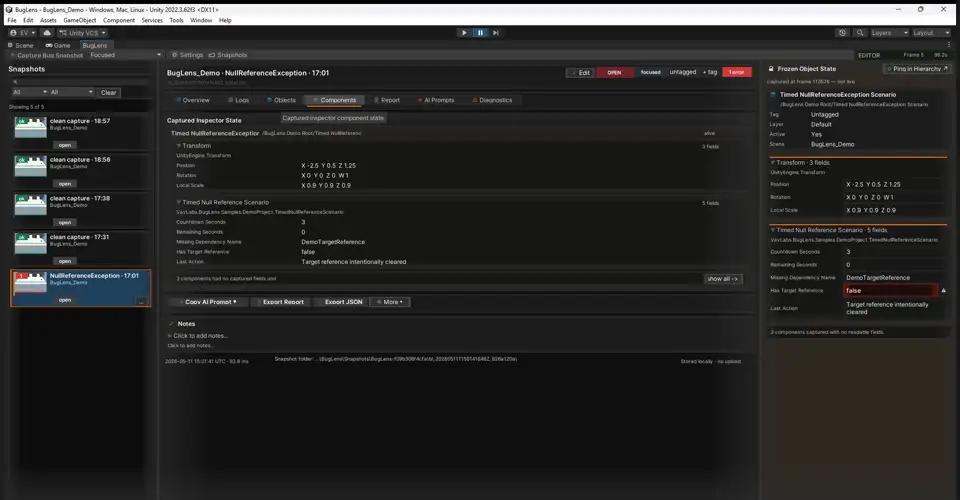 Captured GameObject hierarchy with Transform, Rigidbody, Collider, and custom component field values expanded.