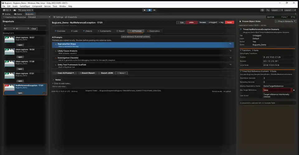 AI Prompts section with four copy buttons: Reproduction, Likely Cause, Investigation, Test Scaffold.