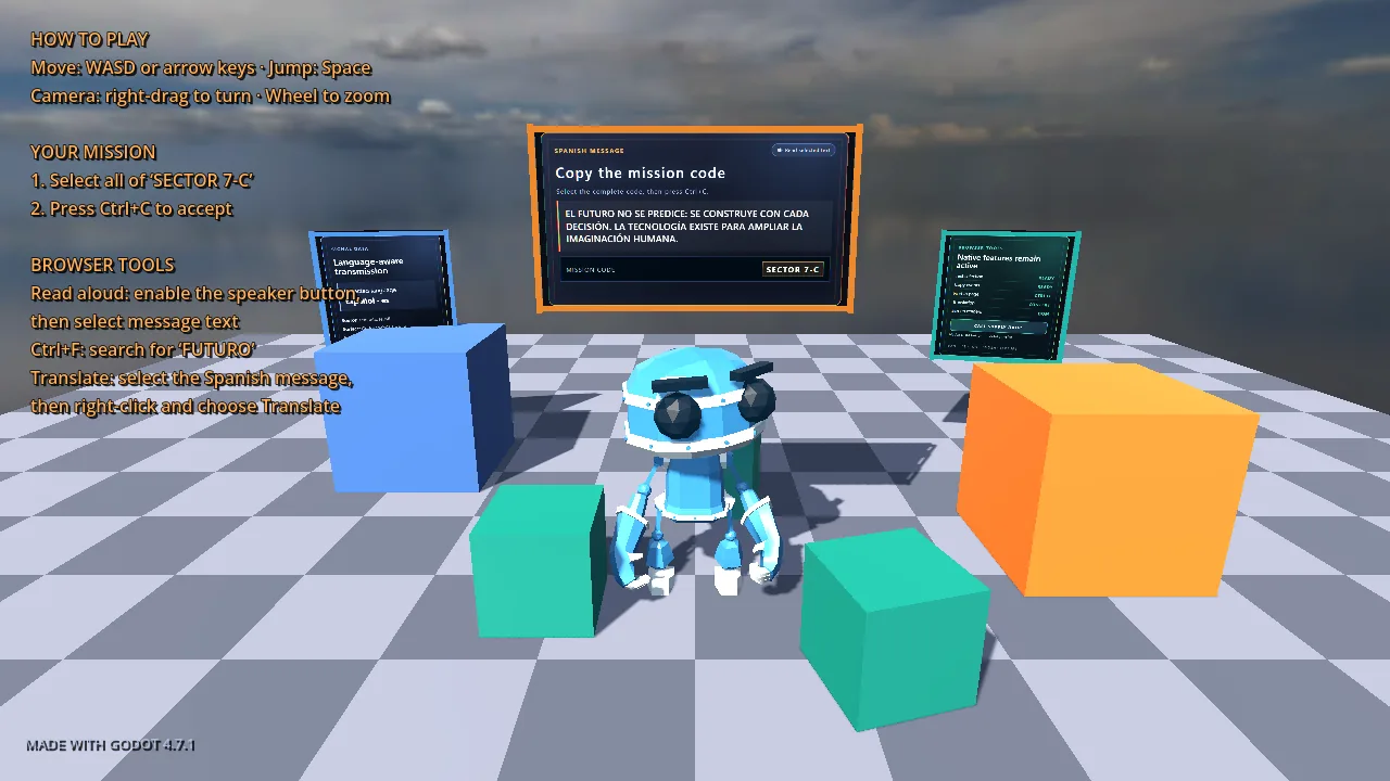 Quest Signal gameplay scene with the robot, mission instructions, and three interactive DOM panels
