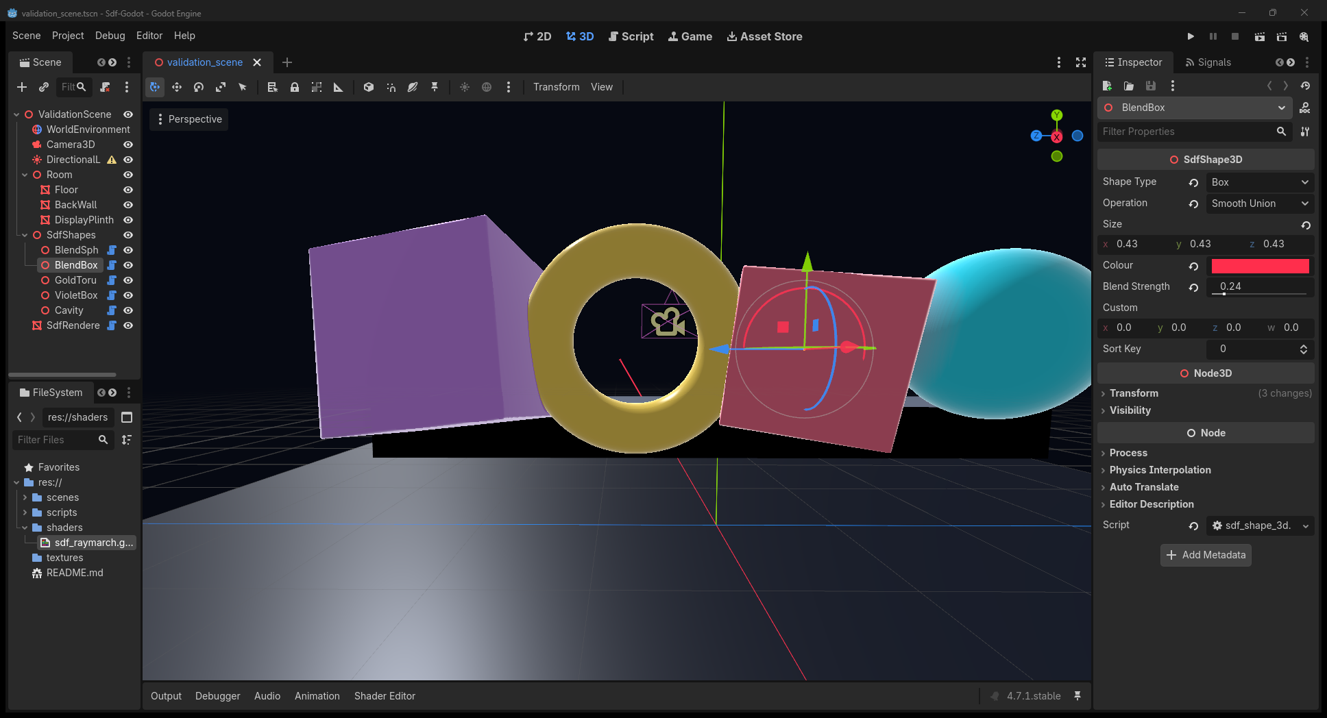 Godot 4 editor with the BlendBox SdfShape3D node selected and its Smooth Union, size, color, and blend controls visible beside the live SDF viewport