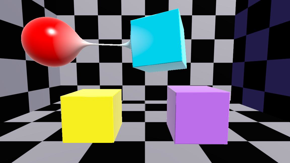 Node-based SDF raymarcher in Godot showing a cyan sphere, coral box, gold torus, and violet subtractive box above an opaque display plinth