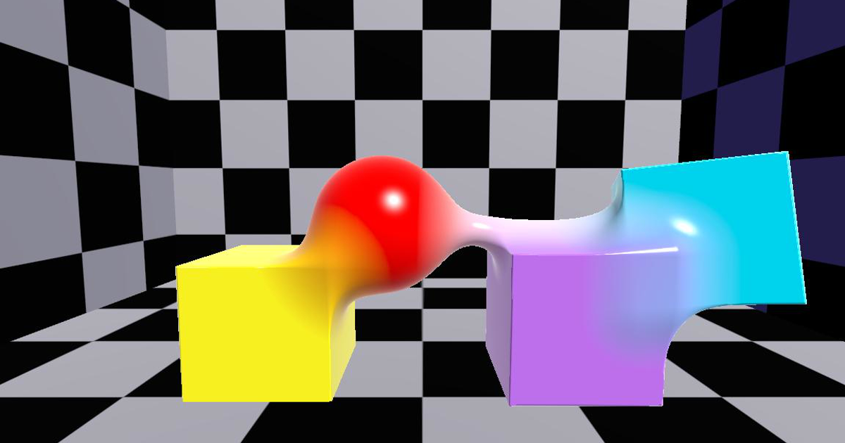 Node-based SDF raymarcher in Godot showing a cyan sphere, coral box, gold torus, and violet subtractive box above an opaque display plinth
