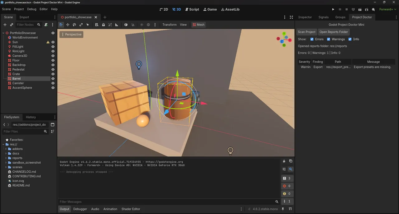 The Project Doctor dock open in the Godot editor, showing Scan Project and Open Reports Folder buttons, a severity summary of 0 errors and 1 warning, and severity filters.
