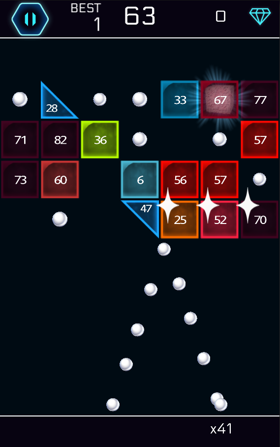 Glass Breaker gameplay: a fan of balls bouncing across numbered brick rows