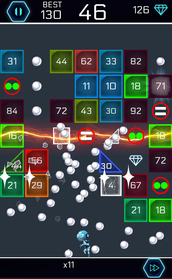 A dense, colorful brick grid with power-ups and a collected diamond