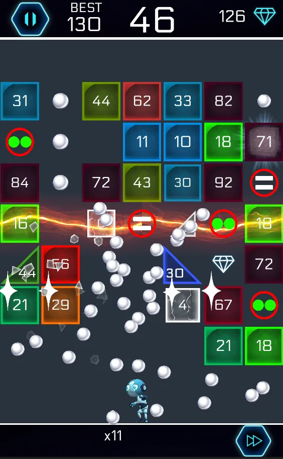 A dense, colorful brick grid with power-ups and a collected diamond