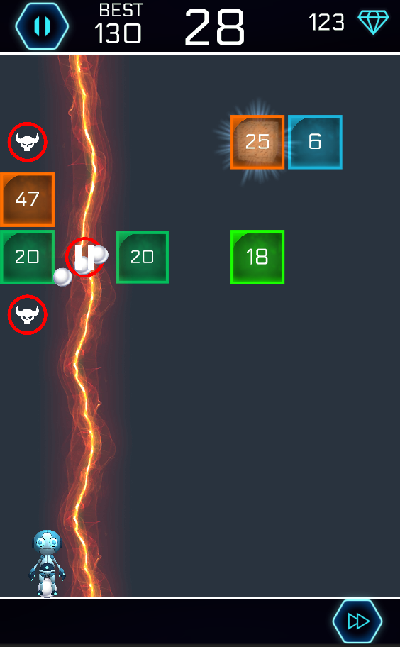 A lightning-split level with the robot avatar at the bottom of the screen