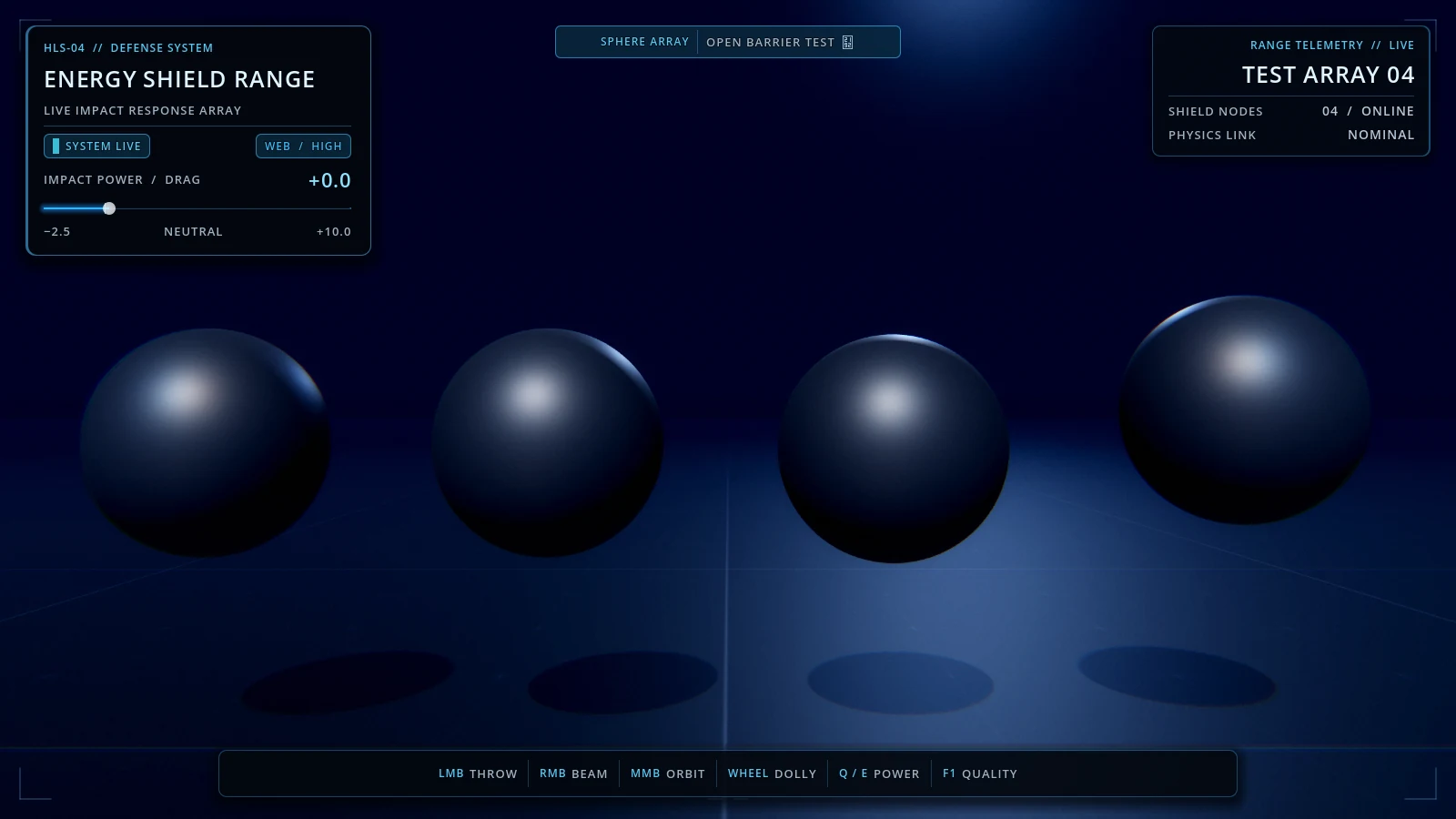 The playable Holo Shield Godot Web demo with four shield spheres, projectile impacts, a sustained beam and the complete control HUD.
