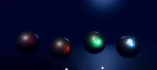 A bright blue contact flash appearing on the fourth Godot energy shield while earlier reactions fade across the other spheres.