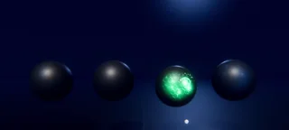 A bright green layered impact response glowing beside a fading blue reaction on Godot energy shield spheres.