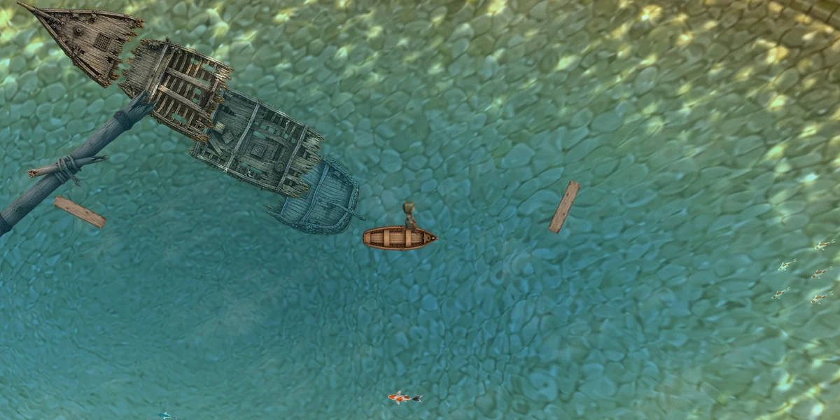 Close-up of a rowing boat passing a sunken shipwreck in clear turquoise water, with fish and sunlit caustics on the lakebed, captured in Godot.